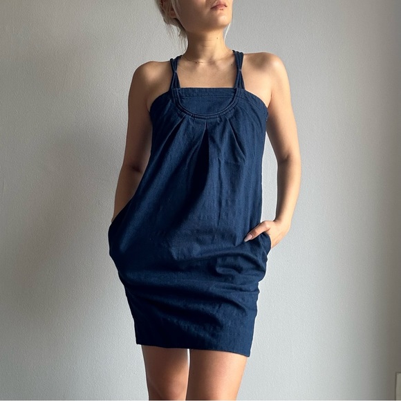 NWOT Vintage Armani Exchange Strappy Dark Wash Denim Mini Dress w/ Pockets - Picture 2 of 10